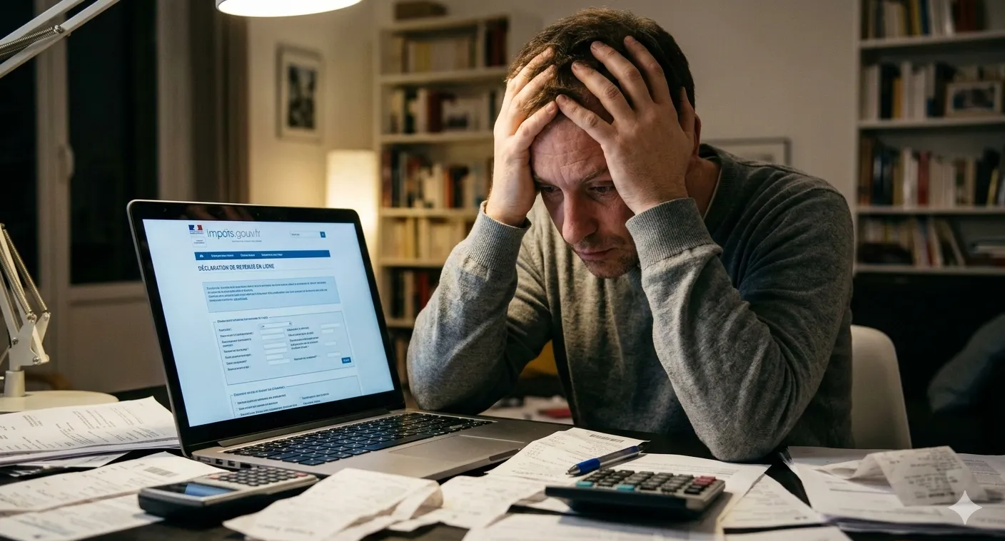 homme se prenant la tête devant sa déclaration d'impôts